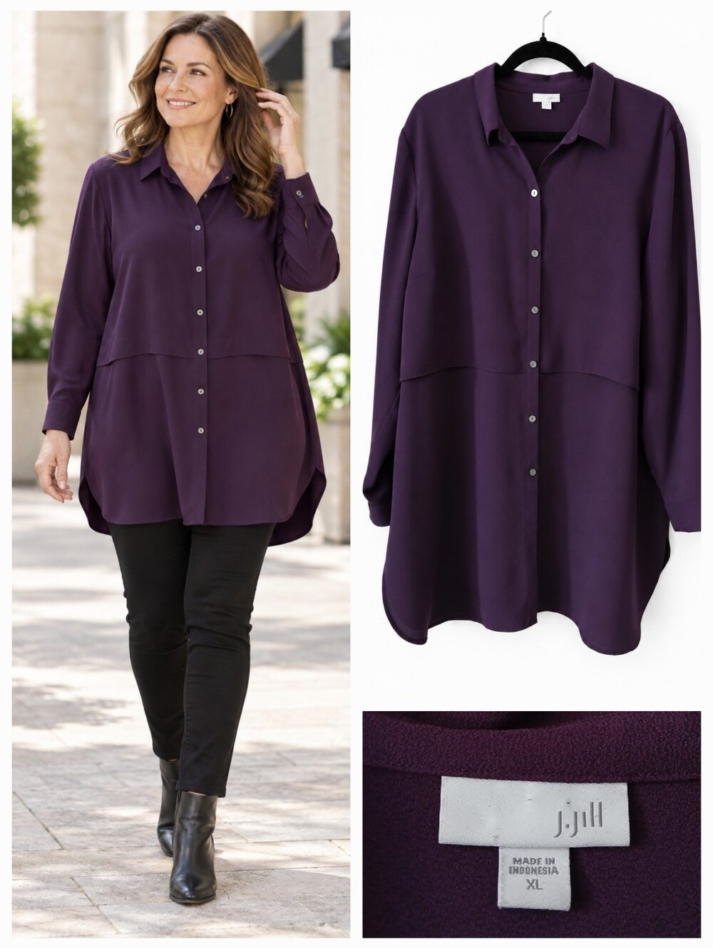 J.Jill Purple Longline Button Down Tunic Oversized BLOUSE Shirt Dress Size XL